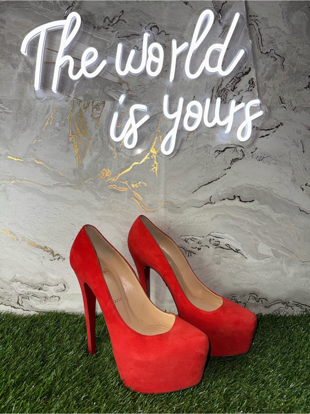 Christian Louboutin Red Coral Daffodil Suede Platform Pumps 39.5